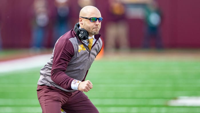 Nov 9, 2019; Minneapolis, MN, USA; Minnesota Golden Gophers head coach P.J. Fleck looks on after a touchdown in the first half against the Penn State Nittany Lions at TCF Bank Stadium. Mandatory Credit: Jesse Johnson-USA TODAY Sports